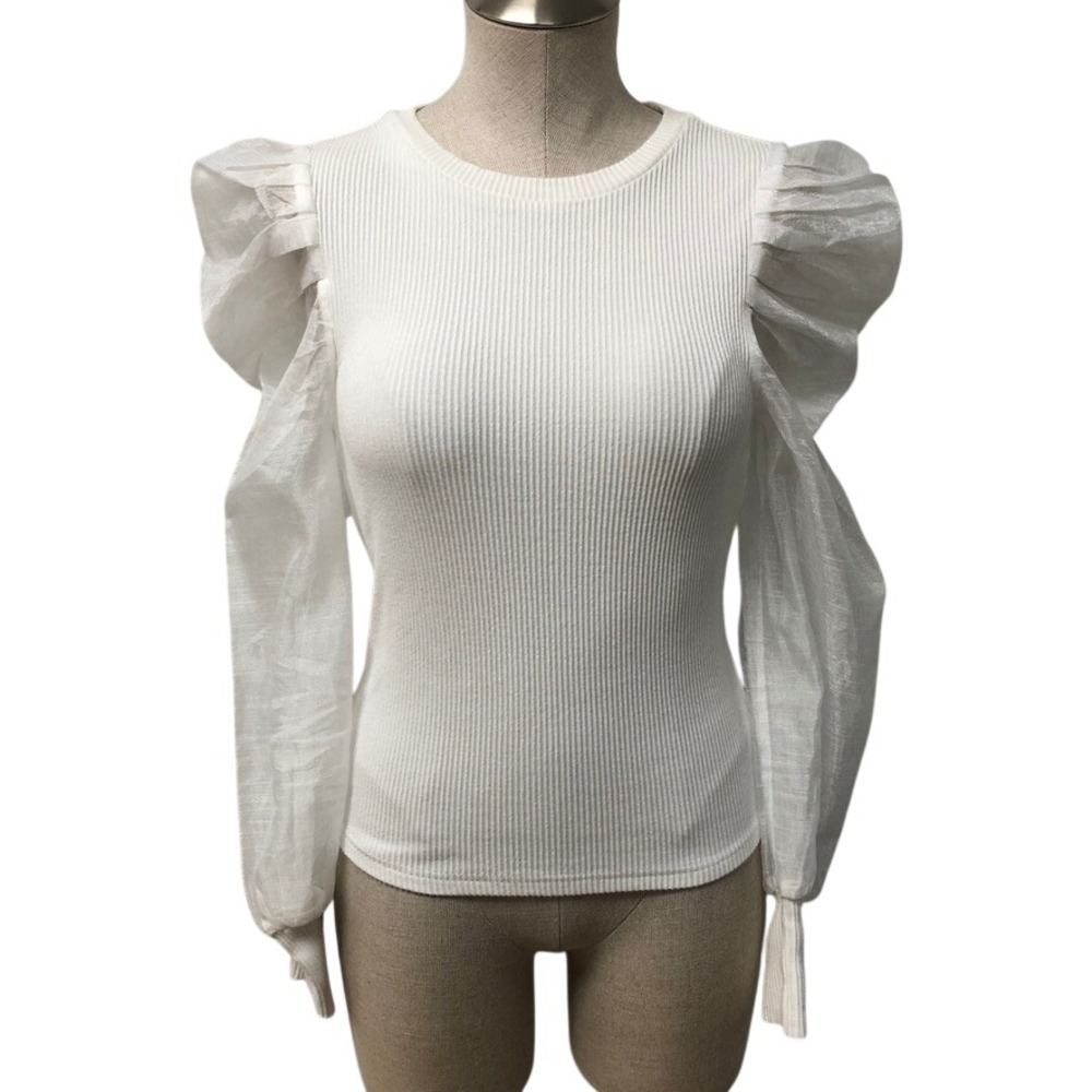 Dolan Left Coast Collection Top Womens XS White Ribbed Sheer Puff Sleeve 173885